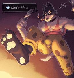 anthro armpit_hair body_hair bulge claws clothing feet foot_fetish foot_focus hindpaw humanoid_feet knife male male/male muscular muscular_male pawpads paws pecs plantigrade requesting solo tail text toe_claws topwear kadedrawz undertale undertale_(series) doggo_(undertale) canid canine mammal animated english_text hi_res