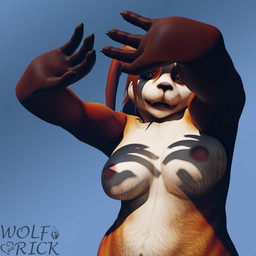 anthro areola breasts female fur hair looking_at_viewer nipples nude open_mouth pose simple_background solo ventral_groove wolfrick blizzard_entertainment shadow_hands_challenge warcraft paomin_(wolfrick) bear mammal pandaren 1:1 3d_(artwork) digital_media_(artwork) hi_res pinup