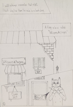 anthro bookstore fur fur_markings male markings raining solo speech_bubble text whispersofbast canid canine hybrid mammal absurd_res comic english_text hi_res