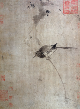 ambiguous_feral ambiguous_gender avian_feet beak biped bipedal_feral branch feathered_wings feathers feral high-angle_view leaning leaning_forward looking_down on_branch side_view simple_background solo standing tail tail_feathers wings unknown_artist avian bird motacillid oscine passerine wagtail 13th_century absurd_res ancient_art hi_res painting_(artwork) traditional_media_(artwork) traditional_painting_(artwork)