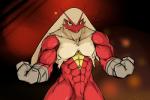 2015 3:2 abs abstract_background anthro athletic avian beak biceps big_muscles biped bird blaziken blue_eyes butt claws feathers flexing fur generation_3_pokemon grey_body hair looking_at_viewer male muscular muscular_anthro muscular_male nintendo pecs pokemon pokemon_(species) pose red_body simple_background smile solo standing vein waddledox