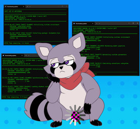 anthro balls bored console fur genitals humor kerchief loading_spinner male markings missing_texture neckerchief neckwear penis purple_eyes simple_background solo tail text whyvern indigo_park rambley_raccoon mammal procyonid raccoon 2026 animated digital_media_(artwork) meme