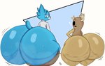 anthro big_butt blue_body blue_butt bodily_fluids bottomless brown_body brown_butt bubble_butt butt butt_expansion cellulite clothed clothing duo expansion female female/female huge_butt hyper hyper_butt looking_at_own_butt simple_background size_difference sweat sweaty_butt yoshuacomoyoshu cartoon_network the_amazing_world_of_gumball nicole_watterson penny_fitzgerald felid mammal absurd_res hi_res