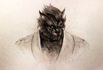 anthro biped braided_hair clothing ear_piercing ear_ring fangs fur hair male piercing ring_piercing slicked_back_hair solo striped_body striped_fur stripes teeth topwear s_anima final_fantasy final_fantasy_xiv square_enix felid feline hrothgar mammal absurd_res hi_res portrait