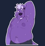 anthro armpit_hair belly biped bodily_fluids body_hair bottomwear chest_tuft clothing confusion ear_piercing fur hair hand_behind_head love_handles male monotone_body monotone_fur muffin_top musclegut muscular navel nipples overweight overweight_anthro overweight_male pants piercing purple_body purple_fur simple_background solo spiky_hair sweat sweatdrop sweatpants tuft unnatural_colors white_hair spyz_(artist) kodi_(spyz) canid canine mammal 2024 flat_colors portrait three-quarter_portrait