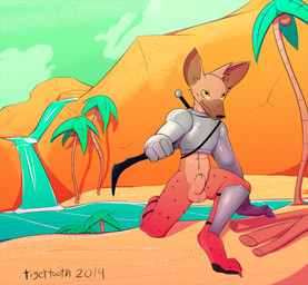 animal_genitalia animal_penis anthro armor balls biped blush bottomless canine_genitalia canine_penis casual_exposure clothed clothing coconut dagger desert detailed_background drupe_(fruit) fantasy feet flaccid food fruit fur genitals holding_object holding_weapon kneeling knife knight lake male melee_weapon nude oasis outside palm_tree paws penis plant rock sand sheath sky smile solo tree tropical warm warrior water waterfall weapon wood tigertooth hyena mammal 2019 digital_media_(artwork) hi_res