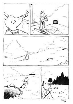 anthro cloak clothing cloud compass drinking forest grass hill male map pit plant ruins solo tree phano journey canid canine fox mammal comic hi_res monochrome