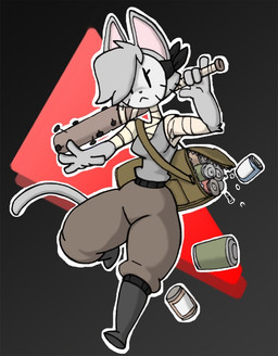 4_fingers :< action_pose anthro arm_tuft baseball_bat baseball_bat_over_shoulder bat_(object) belt biped black_belt black_boots black_clothing black_footwear black_whiskers boots bottomwear breasts brown_bottomwear brown_clothing brown_pants can canned_food cat_tail cheek_tuft chest_wraps clothing container duffel_bag elbow_tuft eyelashes facial_tuft female fingers footwear fur fur_tuft grey_body grey_clothing grey_ears grey_fur grey_hair grey_shirt grey_tail grey_tank_top grey_topwear grey_tuft hair hair_over_eye knee_boots knee_highs legwear long_tail metal_can nailed_bat pants pink_inner_ear pose shirt shoes solo tail tank_top topwear tuft whiskers white_mask wraps blayaden gata_the_future_russian_kitty gata_preobrazhenskaya domestic_cat felid feline felis mammal russian_blue 2023 colored digital_drawing_(artwork) digital_media_(artwork) shaded