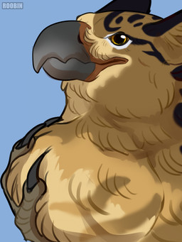 ambiguous_feral ambiguous_form ambiguous_gender beak blue_background feathers feral looking_at_viewer mouth_closed neck_bulge oral_vore simple_background solo tan_body tan_feathers text vore yellow_eyes yellow_sclera roobin mythology avian gryphon mythological_avian mythological_creature artist_name hi_res