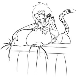 anthro bent_over big_breasts bodily_fluids breasts clothed clothing eyes_closed female huge_breasts hyper hyper_breasts lactating nipples solo neon-b cheetah felid feline mammal absurd_res character_request greyscale hi_res monochrome