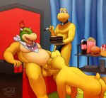 anthro balls belly big_belly blush bow_tie bulge burger butt cake candy chair chocolate chocolate_cake clothing container cup curtains cutlery dessert eyebrows feeding food fork furniture genitals group hair kerchief kitchen_utensils male male/male musclegut muscular muscular_male nude oral penis plate popcorn skinny teeth throne tongue tools underwear timidwithapen mario_bros nintendo bowser_jr. koopa koopa_troopa scalie 2020 hi_res