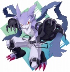 anthro armband belt black_clothing black_gloves black_handwear bottomwear chest_tuft clawed_gloves claws clothing fighting_pose fur gloves handwear male pants pose red_eyes solo torn_clothing tuft arainobu bandai_namco digimon digimon_frontier canid canine digimon_(species) mammal strabimon