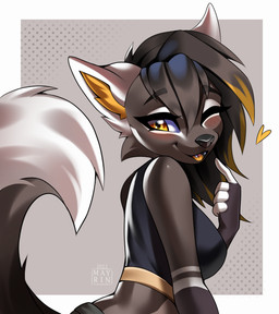anthro black_hair black_nose blonde_highlights blush clothed clothing eyebrow_through_hair eyebrows eyelashes female fur grey_body grey_fur hair highlights_(coloring) looking_at_viewer one_eye_closed open_mouth pink_tongue simple_background snout solo tail text tongue translucent translucent_hair wink winking_at_viewer mayrin_(artist) eyrie_(eyriekhadi) mammal 2023 absurd_res artist_name dated digital_media_(artwork) half-length_portrait hi_res portrait shaded