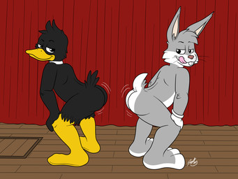 butt curtains duo smile stage tongue tongue_out trap_door twerking doggettdouglasmcdog looney_tunes warner_brothers bugs_bunny daffy_duck anatid anseriform avian bird duck lagomorph leporid mammal rabbit 4:3 hi_res
