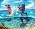 anthro arm_tuft bikini black_body black_fur blue_eyes body_hair bubble caustics cheek_tuft city claws clothing cloud detailed_background digitigrade duo ear_tuft elbow_tuft facial_tuft fangs female fur hair happy_trail inner_ear_fluff male mane neck_tuft outside partially_submerged pink_nose purple_hair rock sabertooth_(anatomy) sand sea sky splash swimming_trunks swimwear tan_body tan_fur teeth tuft two-piece_swimsuit water waterline_view wave whiskers skiaskai tazara gale_frostbane strobes avian bird felid feline gull lari larid lynx mammal prehistoric_species saber-toothed_tiger 2016 artist_collaboration signature