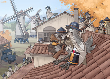 adrian_helmet anthro armor autumn bayonet brodie_helmet building christian_symbol christogram cloak clothing cylinder_record_player gramophone green_eyes group gun hat headgear headwear helmet knife male military outside plant ranged_weapon record_player religion religious_symbol rifle romanesque_architecture rooftop shako shingles sitting sitting_on_rooftop soldier symbol tree truck vehicle vintage_car warrior weapon windmill roawayart christianity ave_(roawayart) lost_soldier_(roawayart) plantide_(roawayart) avian bird 2025 hi_res