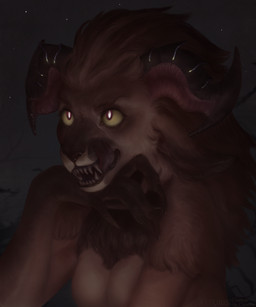 anthro black_background breasts brown_body claws dewlap_(anatomy) fangs female female_anthro finger_claws hand_under_chin jowls licking licking_lips licking_own_lips nails red_eyes sharp_teeth simple_background solo teeth tongue tongue_out atsuris felid feline mammal species_request hi_res
