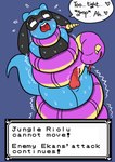 ambiguous_gender anthro bodily_fluids coiling duo ejaculation feral genitals male penis speech_bubble squeezing sweat text text_box rlyshypanda nintendo pokemon ekans generation_1_pokemon generation_4_pokemon pokemon_(species) reptile riolu scalie snake english_text hi_res