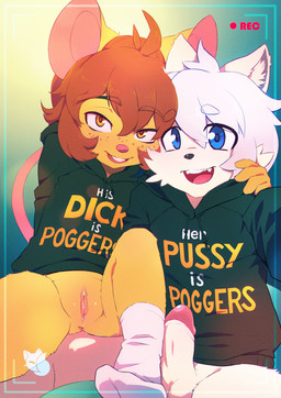 anthro balls blue_eyes bodily_fluids bottomless brown_hair buckteeth butt clitoris clothed clothing dripping duo erection female footwear foreskin freckles fur genital_fluids genitals grin hair hoodie looking_at_viewer male male/female open_mouth partially_clothed partially_retracted_foreskin penis recording selfie sitting smile socks spread_legs spreading teeth text text_on_clothing text_on_hoodie text_on_topwear topwear vaginal_fluid_drip vaginal_fluids vulva white_body white_fur white_hair yellow_body yellow_eyes yellow_fur young young_anthro reddishfox pogchamp leah_(leahmouse) neon_(leowmeow) arctic_wolf canid canine canis house_mouse mammal mouse murid murine rodent wolf absurd_res english_text hi_res meme