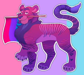 ambiguous_gender androgyne_pride_colors claws facial_hair feral flag flag_(object) lgbt_pride looking_at_viewer mane pride_color_background pride_color_flag pride_colors purple_eyes purple_nose sideburns simple_background solo stripes tail midastouchillu felid hybrid liger mammal pantherine hi_res