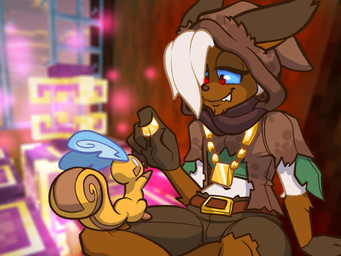5_fingers ambiguous_gender anthro belt blue_sclera blurred_background brown_belt brown_body brown_fur curled_tail duo eyelashes fingers fur gloves_(marking) gold_(metal) gold_jewelry gold_necklace hair hair_over_eye hood jewelry looking_at_another male markings navel necklace pupils red_pupils sitting smile tail white_body white_fur conditional_dnp teckworks microsoft minecraft mojang xbox_game_studios percy_(teckworks) domestic_cat felid feline felis mammal siamese_cat werecreature 2026 4:3