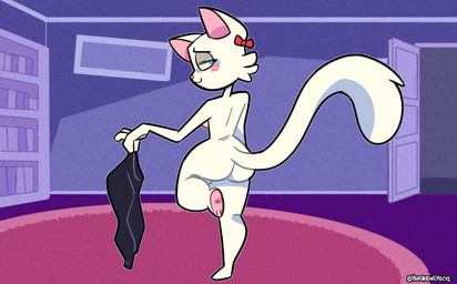 apartment big_butt black_bottomwear black_clothing black_pants blue_eyes blush blush_lines bookshelf bottomwear bow_(feature) butt carpet clothing door fur furniture nipples nude nude_anthro nude_female open_door pants pink_inner_ear pink_nipples pink_nose red_bow solo speechless undressing_self white_body white_fur yourhardnerdcollector renee_(joshdamn23) domestic_cat felid feline felis mammal hi_res
