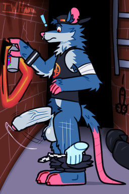 alley anthro arm_tuft armband armpit_hair assisted_exposure backwards_cap ball_tuft balls barefoot belt big_balls big_penis biped bodily_fluids body_hair bouncing_penis brick brick_wall clothing disembodied_hand ear_piercing elbow_tuft facial_piercing feet foreskin genital_fluids genitals graffiti half-erect humanoid_genitalia humanoid_penis knee_tuft ladder leg_tuft male neck_tuft nose_piercing pantsing penis penis_drawing piercing precum precum_string pubes rat_tail red_eyes saggy_balls shirt solo surprised tail tank_top throbbing throbbing_penis topwear trash tuft underwear vein veiny_penis wall_(structure) wristband twhaira kd_rattical_(fortnite) mammal murid murine rat rodent 2:3 absurd_res hi_res watermark