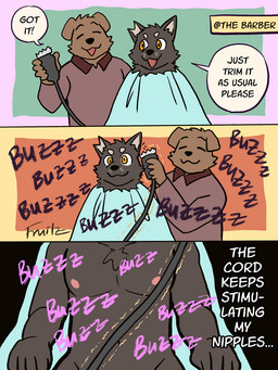 anthro barber barber_cape barber_shop black_body black_fur brown_body chest_tuft clothing dialogue duo electric_razor eyes_closed fur male missing_ear neck_tuft nipple_fetish nipples nude nude_male onomatopoeia razor simple_background smile sound_effects speech_bubble text tools topwear tuft vibrating x-ray_view yellow_eyes fruitz fiz_(fruitz) canid canine canis domestic_dog fox mammal 3:4 comic digital_media_(artwork) english_text half-length_portrait hi_res portrait