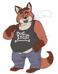 2018 anthro baron_puddin_paws belly bottomwear canid canine clothing disney fox gideon_grey hi_res male mammal one_eye_closed overweight overweight_male pants red_fox shirt simple_background smoking solo topwear true_fox white_background wink zootopia