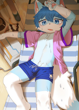 4_fingers anthro beach beach_chair beach_umbrella big_bulge blue_body blue_eyes blue_fur blush blush_lines bodily_fluids bulge clothed clothing detailed_background dripping feet fingers fur gesture hair hand_gesture kemono looking_at_viewer male navel outside parasol pawpads public shy solo sweat swimming_trunks swimwear underwear young terry_fox mikey_(mikey_fox) canid canine fox mammal hi_res