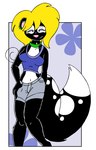 anthro blonde_hair bottomwear clothing denim denim_bottomwear denim_clothing denim_shorts female fur hair markings shorts spots spotted_body spotted_fur tabbiewolf thoe_(tabbiewolf) mammal mephitid skunk