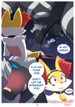 animal_genitalia animal_penis anthro balls black_body blush bodily_fluids dialogue duo equine_genitalia equine_penis femboy feral fur genitals inner_ear_fluff male male_anthro male_feral multicolored_body multicolored_fur penis red_eyes red_inner_ear_fluff speech_bubble sweat sweatdrop text tuft white_body white_fur yellow_body yellow_fur nikkibunn nintendo pokemon boro_the_zebstrika ellie_the_braixen braixen generation_5_pokemon generation_6_pokemon pokemon_(species) zebstrika comic english_text hi_res