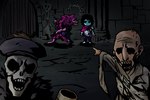 anthro armor bald black_hair bone clothed clothing detailed_background female group hair hat headgear headwear hidden_eyes humor inside long_hair male parody purple_hair skeleton style_emulation magiguile darkest_dungeon deltarune kris_where_are_we mythology two_soyjaks_pointing undertale_(series) kris_(deltarune) susie_(deltarune) canid canine human mammal mythological_canine mythological_creature undead werecanid werecanine werecreature werewolf zombie 2021 3:2 meme