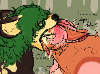 bodily_fluids drooling duo green_hair hair head_in_mouth head_insertion male male/male mouth_play open_mouth saliva same_size_vore sketchy teasing vore vore_tease yellow_body yellow_drool yonnixart meillion_(sandwichmilf) zimitri_(yonnixart) canid canine gulonine mammal marten mustelid musteline pine_marten hi_res sketch nonbinary_(lore)