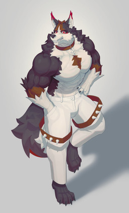 anthro bottomwear clothing collar cross fur inner_ear_fluff male multicolored_body multicolored_fur plantigrade raised_leg shorts simple_background smile solo spikes teeth tuft white_bottomwear white_clothing white_shorts ronci canid canine canis mammal wolf 2022 absurd_res hi_res