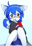 2017 4_fingers abstract_background ahoge amber_eyes anthro artist_logo artist_name biped black_clothing black_hoodie black_nose black_topwear blue_background blue_body blue_bottomwear blue_clothing blue_ears blue_fur blue_hair blue_outline blue_shorts blue_tail blush blush_lines bottomwear clothed clothing covering covering_mouth covering_own_mouth covering_self daww devil-vox devy_(devil-vox) digital_drawing_(artwork) digital_media_(artwork) domestic_cat eyewear felid feline felis fingers fully_clothed fur glasses hair hoodie kemono logo looking_at_viewer male mammal monotone_hair multicolored_body multicolored_fur notched_ear open_clothing open_hoodie open_topwear outline pattern_background raised_tail rectangular_glasses red_clothing red_shirt red_t-shirt red_topwear shirt shorts simple_background sitting sitting_on_ground solo star-shaped_background t-shirt tail topwear two_tone_body two_tone_fur two_tone_tail young young_male