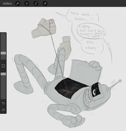 antennae_(anatomy) art_program_in_frame blush dialogue disembodied_hand duo grey_background grey_body holding_object leg_grab lying machine male male_humanoid narrowed_eyes on_back simple_background sitting speech_bubble talking_to_another wire wire_play wire_pull killcuspid comedy_central futurama bender_bending_rodríguez humanoid robot robot_humanoid 2022 digital_media_(artwork) full-length_portrait hi_res portrait procreate_(artwork) sketch