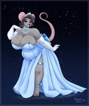 accessory anthro armwear barefoot belly belly_overhang big_belly big_breasts black_hair black_nose blue_clothing blue_dress breasts closed_smile clothed clothing dress feet female garter grey_body grey_ears hair huge_breasts leaning leaning_forward mouth_closed narrowed_eyes overweight overweight_anthro overweight_female pink_inner_ear pink_tail purple_eyes smile solo standing tail teeth thick_thighs tight_clothing tight_topwear topwear whiskers white_armwear white_clothing wide_hips tiggybloom mammal murid murine rat rodent 2024 hi_res