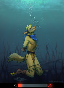 animal_genitalia anthro aquaphilia arms_tied arms_tied_behind_back asphyxiation balls bdsm belt_bondage blue_blush blue_markings blush bondage bound brown_paws bubble clenched_teeth cough desperation drowning dying fully_sheathed fur genitals kerchief kneeling legs_tied looking_up male markings pawpads restraints rope rope_bondage sea seabed seaweed shaking sheath solo squirming struggling teeth trembling underwater water yellow_body yellow_fur yellow_pawpads aldermoth jasper_(jasperazzi) canid canine canis mammal wolf 2019 absurd_res hi_res