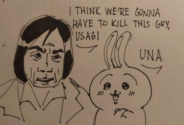 ambiguous_anthro ambiguous_gender anthro blush blush_lines crossed_arms duo hair male male_human text satyrikall chiikawa i_think_we're_gonna_have_to_kill_this_guy no_country_for_old_men anton_chigurh usagi_(chiikawa) human lagomorph leporid mammal rabbit crossover meme sketch traditional_media_(artwork)