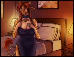 2013 anthro bed bedding bedroom bedroom_eyes big_breasts black_border blush border breasts cleavage clothed clothing collaboration collar comic conditional_dnp digital_media_(artwork) dress ear_piercing end_table female furniture giraffe giraffid horn inside kadath kaylii lamp looking_at_viewer mammal narrowed_eyes nightstand ossicone painting piercing pillow puzzle_(kadath) seductive skimpy smile solo table tail tail_tuft tuft