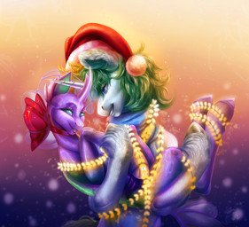 bent_legs blonde_mane blue_eyes carrying_another carrying_partner christmas_clothing christmas_decorations christmas_headwear christmas_lights clothing duo eye_contact eyebrows eyelashes feathering female feral fur gradient_background green_eyebrows green_mane grey_hooves hat headgear headwear holidays hooves horn interspecies lidded_eyes light lips looking_at_another male male/female mane medium_mane multicolored_mane neck_bow purple_body purple_hooves purple_horn purple_mane purple_skin purple_tail quadruped red_bow red_clothing red_hat red_headwear romantic romantic_couple santa_hat simple_background smile smiling_at_another smiling_at_each_other snow snowing tail thick_bottom_lip translucent_mane two_tone_mane unguligrade unicorn_horn white_body white_fur white_horn wrapped_in_lights yellow_tail rayrage christmas friendship_is_magic hasbro my_little_pony mythology fan_character ocelia_(tertia) sol_bright changeling_(mlp) equid equine mammal mythological_creature mythological_equine unicorn 2025 absurd_res colored digital_media_(artwork) digital_painting_(artwork) english_description hi_res lighting painting_(artwork) shaded