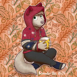 ambiguous_gender anthro beverage candy chocolate clothing dessert food footwear hoodie hot_chocolate knitted socks solo topwear young konnudur canid canine mammal 1:1 hi_res