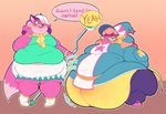 anthro blush clothed clothing color_coded color_coded_speech_bubble duo female female/female healing_numbers morbidly_obese obese overweight raised_clothing speech_bubble staff weight_gain pastelgeneticist super_lesbian_animal_rpg claire_higsby melody_amaranth bovid bovine canid canine cattle fox mammal 2023 hi_res trans_(lore) trans_woman_(lore)