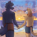 anthro beach black_body black_fur briefs briefs_only brown_eyes clothed clothing cloud duo eye_contact fur grey_eyes hand_holding looking_at_another male sand size_difference smile smiling_at_another sun sunset tail tan_body tan_fur topless underwear underwear_only water wave catpuccin0z belfort_and_lupin belfort_(belfort_and_lupin) lupin_(belfort_and_lupin) bird_dog canid canine canis domestic_dog french_spaniel hunting_dog mammal spaniel wolf 1:1 hi_res