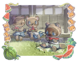 anthro apron blue_apron blue_clothing bottomwear brown_body brown_fur clothing eating eyes_closed food fruit fur group melon plant shirt shorts sitting slightly_chubby topwear watermelon watermelon_slice eatandpoop animal_crossing nintendo timmy_nook tom_nook_(animal_crossing) tommy_nook canid canine mammal raccoon_dog tanuki 2020 brother_(lore) brothers_(lore) nephew_(lore) sibling_(lore) twins_(lore) uncle_(lore) uncle_and_nephew_(lore)