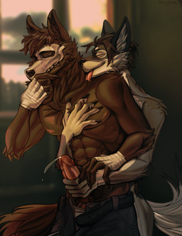 anthro black_body bodily_fluids brown_body brown_hair clothed clothed/nude clothed_sex clothing cum duo ears_up from_front_position fur genital_fluids genitals hair male male/male master masturbation multicolored_body multicolored_fur narrowed_eyes nude penis precum reach_around seductive sex smile yellow_eyes ruisha wolfred_volk_(romeodog) canid canine canis mammal wolf 2023 absurd_res hi_res