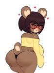 anthro big_butt black_clothing black_thong black_underwear blush brown_body brown_fur brown_hair butt clothing curvy_figure eyewear femboy fur glasses hair heart_ears heart_symbol looking_at_viewer looking_back looking_back_at_viewer male narrowed_eyes shirt smile smiling_at_viewer solo spots standing thong topwear underwear wide_hips yellow_clothing yellow_shirt yellow_topwear somescrub danny_(somescrub) bear mammal hi_res male_(lore)