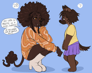 afro age_difference age_swap aged_down aged_up anthro black_coded braided_hair brown_body brown_fur clothed clothing duo fashion female female/female fur go-go_boots hair size_difference text young breadbitch420 katie_(breadbitch420) phoebe_(breadbitch420) canid canine canis domestic_dog german_shepherd herding_dog mammal pastoral_dog poodle english_text hi_res trans_(lore) trans_woman_(lore)