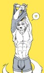 abs anthro boxer_briefs bulge claws clothing heart_symbol male muscular muscular_male pecs scar simple_background solo underwear undressing yellow_background elson_wong beastars legoshi_(beastars) canid canine canis mammal wolf 2021 digital_media_(artwork) monochrome signature